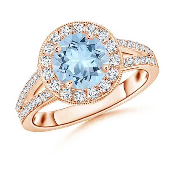 Angara Natural 1.12 Ct. Aquamarine with Diamond Halo Ring in 14K Rose Gold for Women (Ring Size: 12)