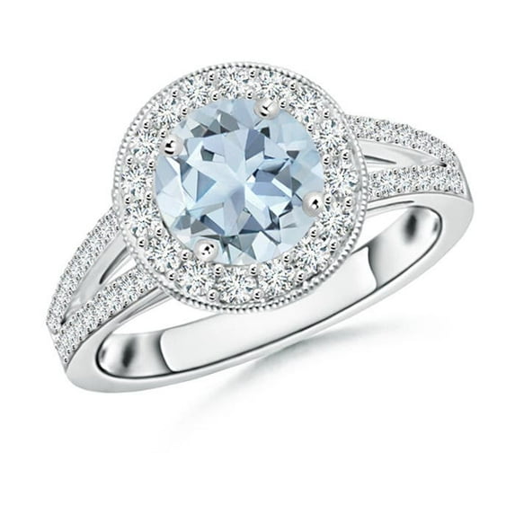 Angara Natural 1.12 Ct. Aquamarine with Diamond Halo Ring in 14K White Gold for Women (Ring Size: 3.5)