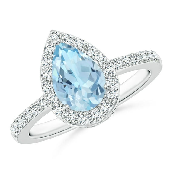 ANGARA Natural Pear 1.12 ct Aquamarine Ring with Diamond Halo in 14K White Gold for Women (Size-9x6mm) | March Birthstone, Birthday, Anniversary, Jewelry Gift for Women | Natural Aquamarine Ring