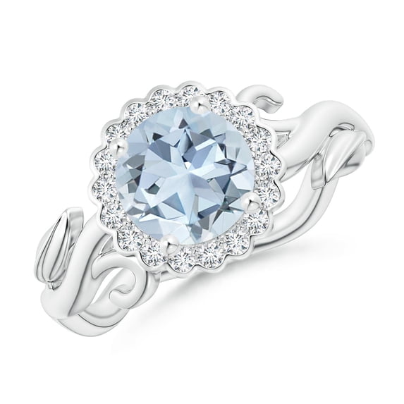 ANGARA Natural Vintage Inspired 1.12 ct Aquamarine Flower and Vine Ring in 14K White Gold for Women (Size-7mm) | March Birthstone, Anniversary, Jewelry Gift for Women | Natural Aquamarine Ring