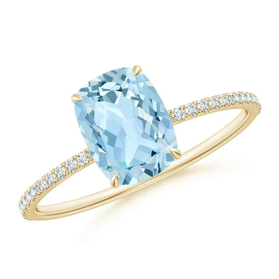 ANGARA Natural Cushion Cut 1.2 ct Aquamarine Engagement Ring with Diamonds in 14K Yellow Gold for Women (Size-8x6mm) | March Birthstone, Anniversary, Jewelry Gift for Women | Natural Aquamarine Ring