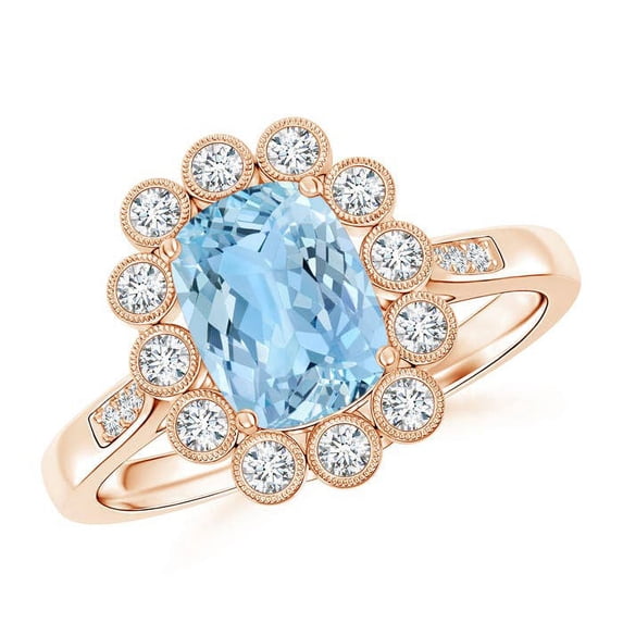 Angara Natural 1.2 Ct. Aquamarine with Diamond Halo Ring in 14K Rose Gold for Women (Ring Size: 11.5)
