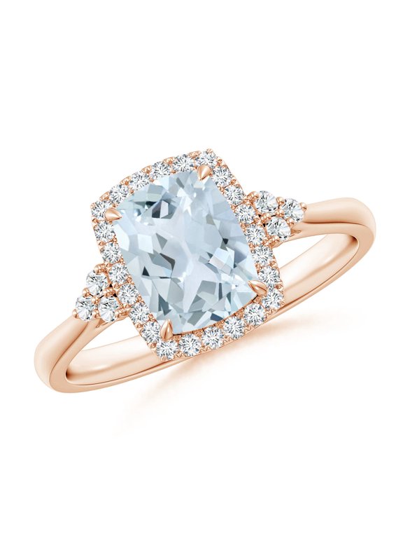Natural Cushion 1.2 ct Aquamarine Halo Ring with Trio Diamonds in 14K Rose Gold for Women (Size-8x6mm) | March Birthstone, Anniversary, Jewelry Gift for Women | Natural Aquamarine Ring