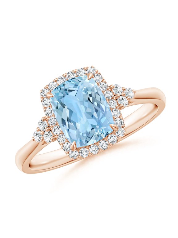 Natural Cushion 1.2 ct Aquamarine Halo Ring with Trio Diamonds in 14K Rose Gold for Women (Size-8x6mm) | March Birthstone, Anniversary, Jewelry Gift for Women | Natural Aquamarine Ring