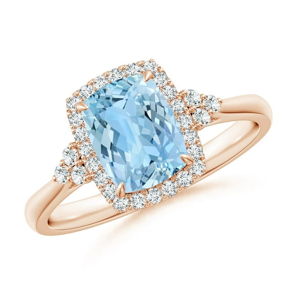 ANGARA Natural Cushion 1.2 ct Aquamarine Halo Ring with Trio Diamonds in 14K Rose Gold for Women (Size-8x6mm) | March Birthstone, Anniversary, Jewelry Gift for Women | Natural Aquamarine Ring