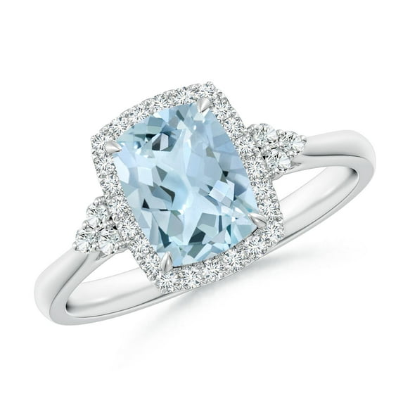 ANGARA Natural Cushion 1.2 ct Aquamarine Halo Ring with Trio Diamonds in 14K White Gold for Women (Size-8x6mm) | March Birthstone, Anniversary, Jewelry Gift for Women | Natural Aquamarine Ring