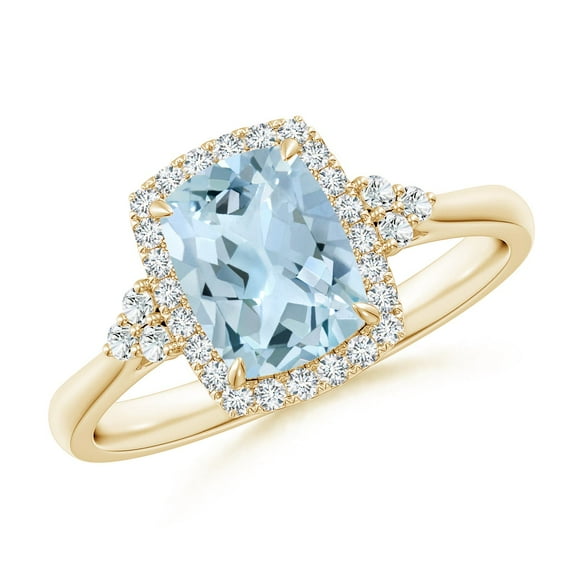 ANGARA Natural Cushion 1.2 ct Aquamarine Halo Ring with Trio Diamonds in 14K Yellow Gold for Women (Size-8x6mm) | March Birthstone, Anniversary, Jewelry Gift for Women | Natural Aquamarine Ring