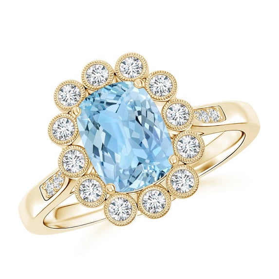 ANGARA Natural Cushion 1.2 ct Aquamarine Ring with Diamond Floral Halo in 14K Yellow Gold for Women (Size-8x6mm) | March Birthstone, Anniversary, Jewelry Gift for Women | Natural Aquamarine Ring
