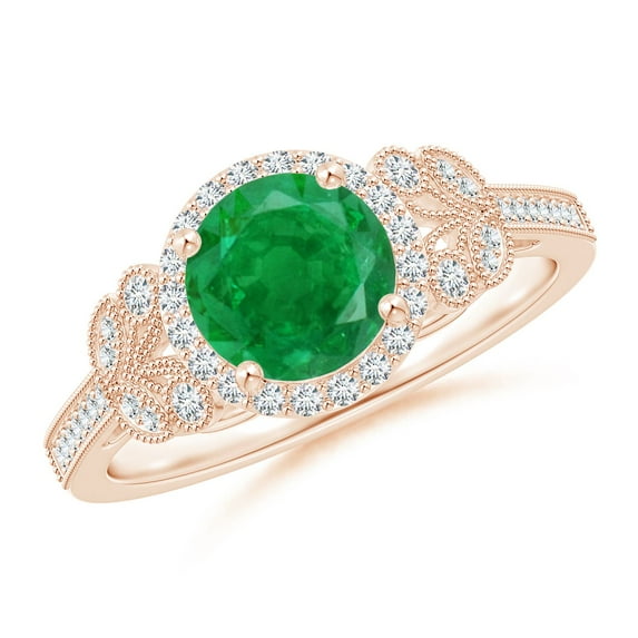 ANGARA Natural Aeon 1.2 ct Emerald Halo Leaf & Vine Engagement Ring with Milgrain in 14K Rose Gold for Women (Size-7mm) | May Birthstone, Anniversary, Jewelry Gift for Women | Natural Emerald Ring