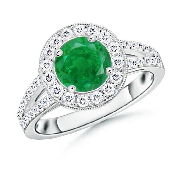 ANGARA Natural Round 1.2 ct Emerald Split Shank Ring with Diamond Halo in 14K White Gold for Women (Size-7mm) | May Birthstone, Birthday, Anniversary, Jewelry Gift for Women | Natural Emerald Ring
