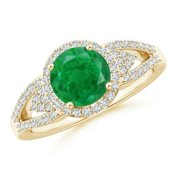 ANGARA Natural Split Shank Round 1.2 ct Emerald Halo Ring with Cluster Diamonds in 14K Yellow Gold for Women (Size-7mm) | May Birthstone, Anniversary, Jewelry Gift for Women | Natural Emerald Ring