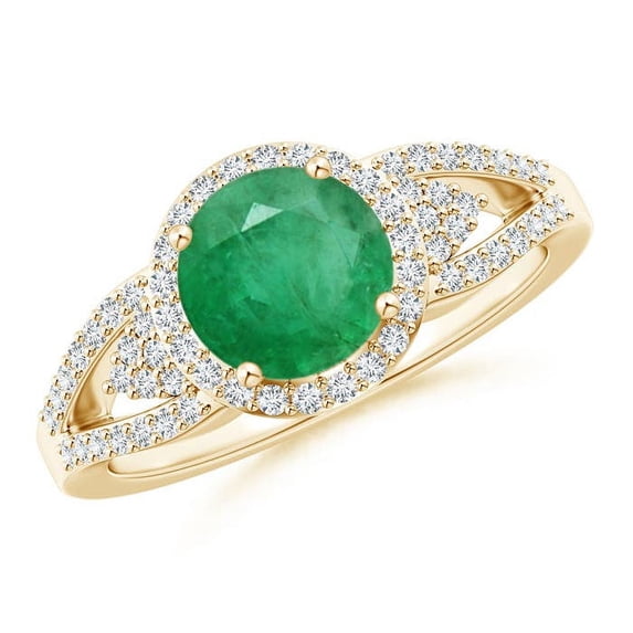 ANGARA Natural Split Shank Round 1.2 ct Emerald Halo Ring with Cluster Diamonds in 14K Yellow Gold for Women (Size-7mm) | May Birthstone, Anniversary, Jewelry Gift for Women | Natural Emerald Ring