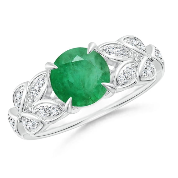 ANGARA Natural Nature Inspired Round 1.2 ct Emerald Leaf Shank Ring in 14K White Gold for Women (Size-7mm) | May Birthstone, Birthday, Anniversary, Jewelry Gift for Women | Natural Emerald Ring