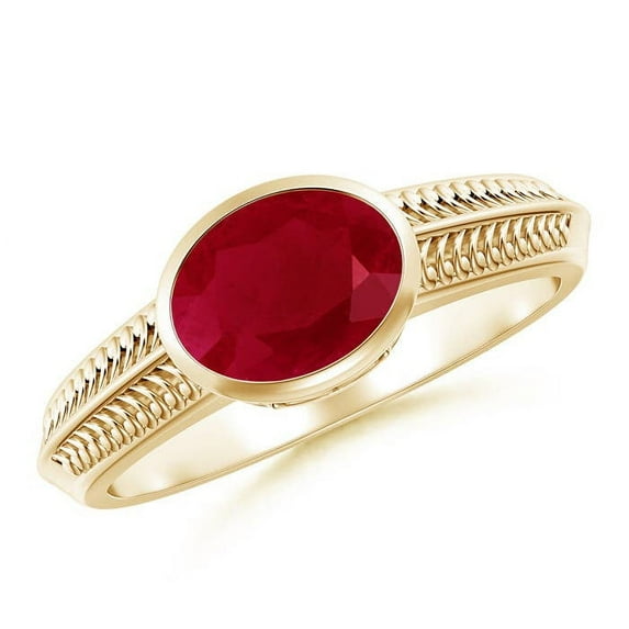 ANGARA Natural Vintage Inspired Bezel-Set Oval 1.25 ct Ruby Ring with Grooves in 14K Yellow Gold for Women (Size-8x6mm) | July Birthstone, Anniversary, Jewelry Gift for Women | Natural Ruby Ring