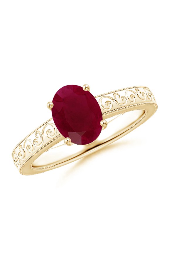 Natural Vintage Inspired Oval 1.25 ct Ruby Ring with Engraved Shank in 14K Yellow Gold for Women (Size-8x6mm) | July Birthstone, Anniversary, Jewelry Gift for Women | Natural Ruby Ring