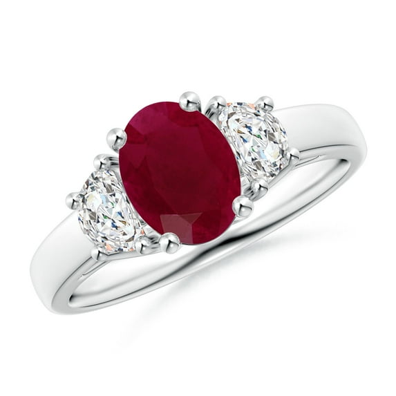 ANGARA Natural Three Stone Oval 1.25 ct Ruby and Half Moon Diamond Ring in 14K White Gold for Women (Size-8x6mm) | July Birthstone, Birthday, Anniversary, Jewelry Gift for Women | Natural Ruby Ring