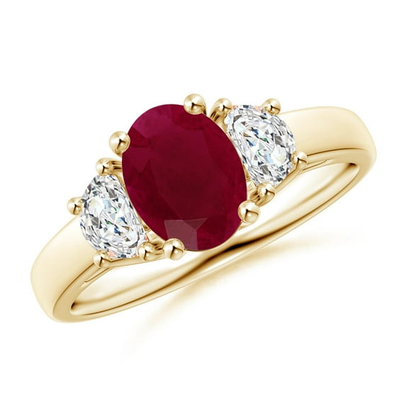 ANGARA Natural Three Stone Oval 1.25 ct Ruby and Half Moon Diamond Ring in 14K Yellow Gold for Women (Size-8x6mm) | July Birthstone, Birthday, Anniversary, Jewelry Gift for Women | Natural Ruby Ring