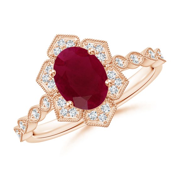 ANGARA Natural Oval 1.25 ct Ruby Trillium Floral Shank Ring in 14K Rose Gold for Women (Size-8x6mm) | July Birthstone Jewelry for Her | Natural Ruby Rings
