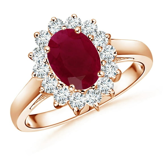 ANGARA Natural Princess Diana Inspired 1.25 ct Ruby Ring with Diamond Halo in 14K Rose Gold for Women (Size-8x6mm) | July Birthstone, Birthday, Anniversary, Jewelry Gift for Women | Natural Ruby Ring