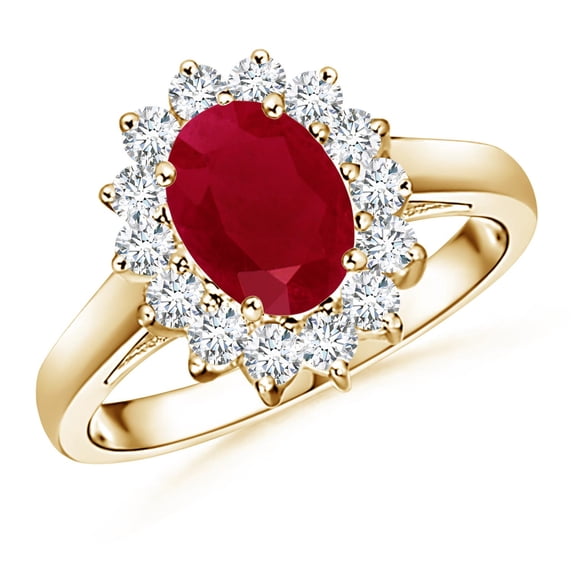 ANGARA Natural Princess Diana Inspired 1.25 ct Ruby Ring with Diamond Halo in 14K Yellow Gold for Women (Size-8x6mm) | July Birthstone, Anniversary, Jewelry Gift for Women | Natural Ruby Ring