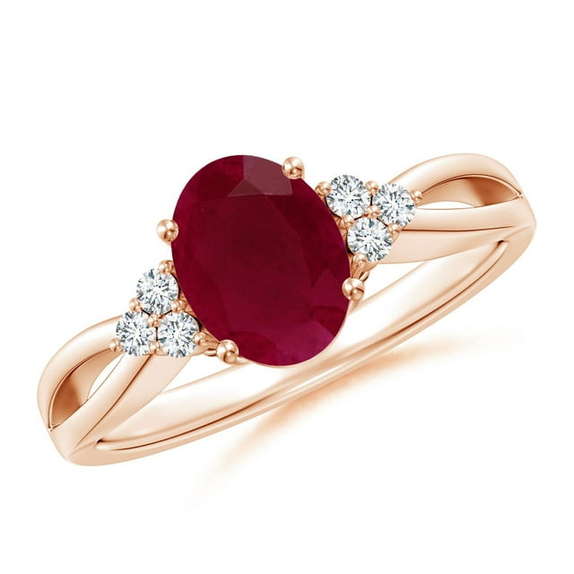 ANGARA Natural Solitaire 1.25 ct Ruby Split Shank Engagement Ring with Trio Diamonds in 14K Rose Gold for Women (Size-8x6mm) | July Birthstone, Anniversary, Jewelry Gift for Women | Natural Ruby Ring