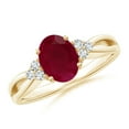 thumbnail image 1 of ANGARA Natural 1.25 ct Ruby Split Shank Engagement Ring with Trio Diamonds in 14K Yellow Gold for Women (Size-8x6mm) | July Birthstone, Anniversary, Jewelry Gift for Women | Natural Ruby Ring, 1 of 9