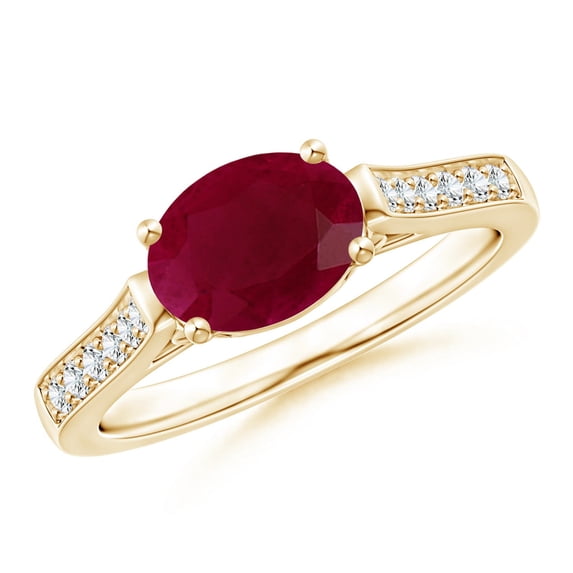 ANGARA Natural East-West Oval 1.25 ct Ruby Solitaire Ring with Diamonds in 14K Yellow Gold for Women (Size-8x6mm) | July Birthstone Jewelry for Her | Natural Ruby Rings