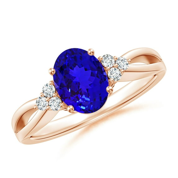 ANGARA Natural Oval 1.25 ct Tanzanite Split Shank Ring with Trio Diamonds in 14K Rose Gold for Women (Size-8x6mm) | December Birthstone, Anniversary, Jewelry Gift for Women | Natural Tanzanite Ring