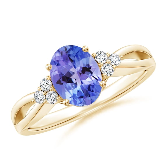 ANGARA Natural Oval 1.25 ct Tanzanite Split Shank Ring with Trio Diamonds in 14K Yellow Gold for Women (Size-8x6mm) | December Birthstone, Anniversary, Jewelry Gift for Women | Natural Tanzanite Ring