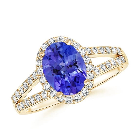 ANGARA Natural Oval 1.25 ct Tanzanite Split Shank Halo Ring in 14K Yellow Gold for Women (Size-8x6mm) | December Birthstone, Birthday, Anniversary, Jewelry Gift for Women | Natural Tanzanite Ring
