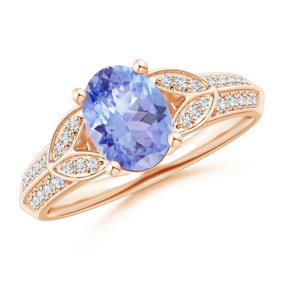 ANGARA Natural Oval 1.25 ct Tanzanite Solitaire Ring with Pave Diamonds in 14K Rose Gold for Women (Size-8x6mm) | December Birthstone, Anniversary, Jewelry Gift for Women | Natural Tanzanite Ring