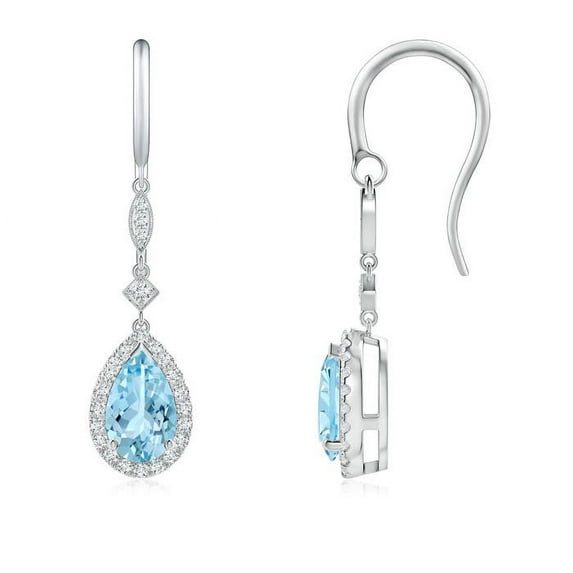 ANGARA Natural 1.3 ct Aquamarine Drop Earrings with Diamond Halo in 14K White Gold for Women (Size-8x5mm) | March Birthstone, Anniversary, Jewelry Gift for Women | Natural Aquamarine Earrings