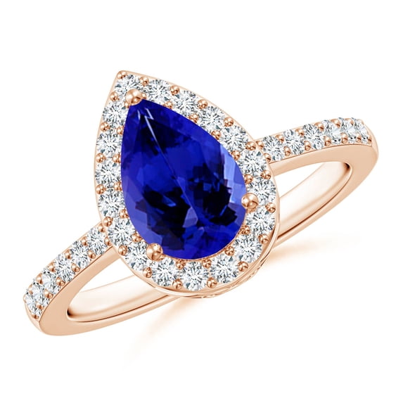 ANGARA Natural Pear 1.3 ct Tanzanite Ring with Diamond Halo in 14K Rose Gold for Women (Size-9x6mm) | December Birthstone, Birthday, Anniversary, Jewelry Gift for Women | Natural Tanzanite Ring