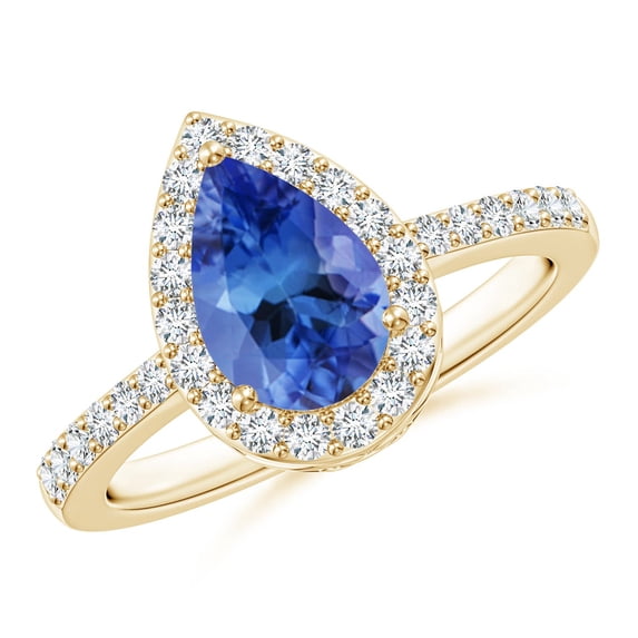 ANGARA Natural Pear 1.3 ct Tanzanite Ring with Diamond Halo in 14K Yellow Gold for Women (Size-9x6mm) | December Birthstone, Birthday, Anniversary, Jewelry Gift for Women | Natural Tanzanite Ring