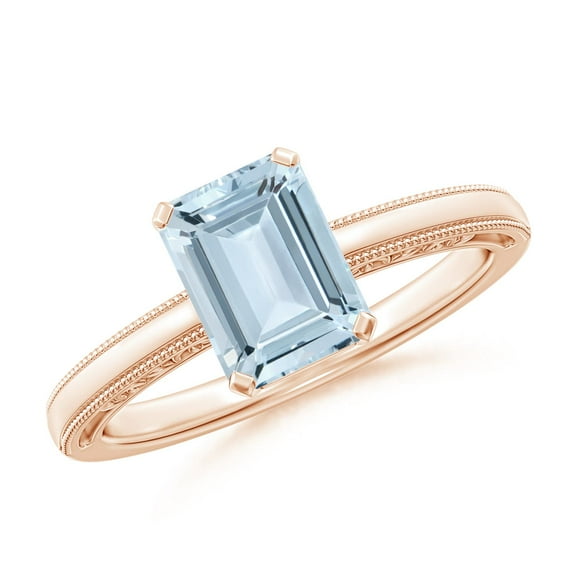 ANGARA Natural 1.35 ct Aquamarine Solitaire Engagement Ring with Milgrain in 14K Rose Gold for Women (Size-8x6mm) | March Birthstone, Anniversary, Jewelry Gift for Women | Natural Aquamarine Ring