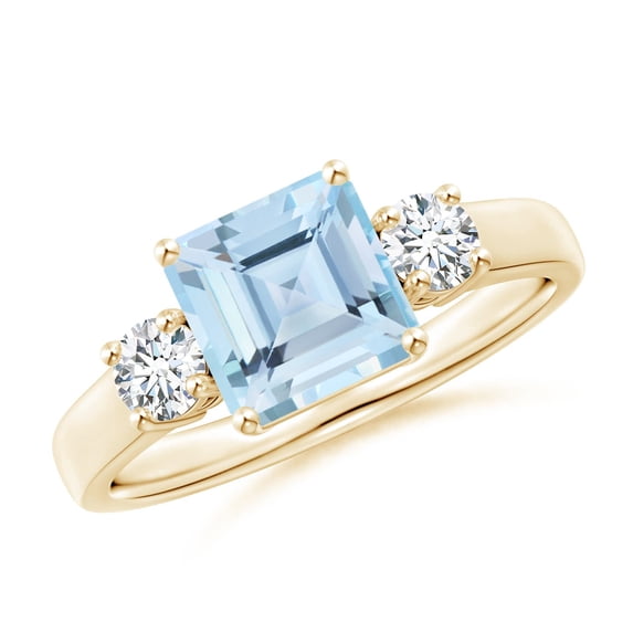 ANGARA Natural Square 1.35 ct Aquamarine and Diamond Three Stone Ring in 14K Yellow Gold for Women (Size-7mm) | March Birthstone, Anniversary, Jewelry Gift for Women | Natural Aquamarine Ring