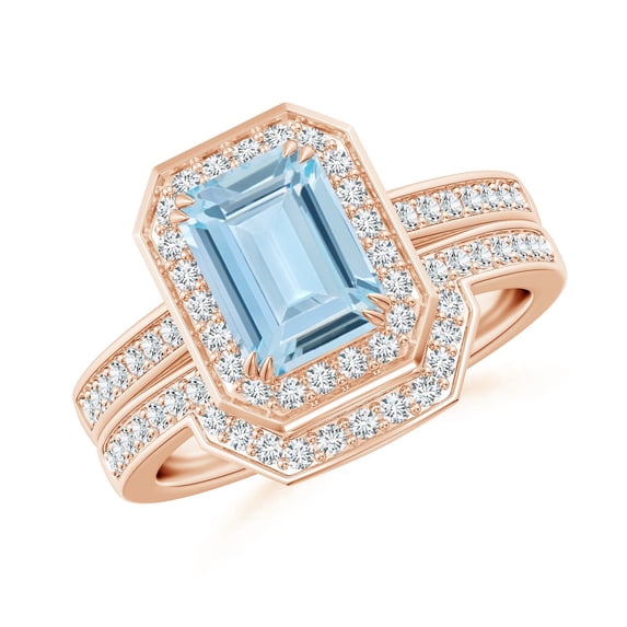 ANGARA Natural Emerald Cut 1.35 ct Aquamarine with Diamond Ring in 14K Rose Gold for Women (Size-8x6mm) | March Birthstone, Anniversary, Jewelry Gift for Women | Natural Aquamarine Ring