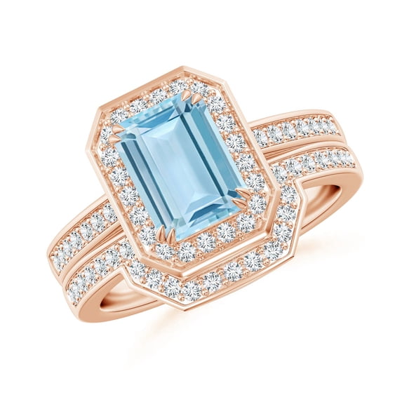 ANGARA Natural Emerald Cut 1.35 ct Aquamarine with Diamond Ring in 14K Rose Gold for Women (Size-8x6mm) | March Birthstone, Anniversary, Jewelry Gift for Women | Natural Aquamarine Ring