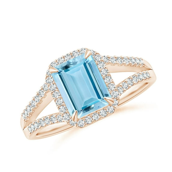 ANGARA Natural Emerald-Cut 1.35 ct Aquamarine Split Shank Halo Ring in 14K Rose Gold for Women (Size-8x6mm) | March Birthstone, Birthday, Anniversary, Jewelry Gift for Women | Natural Aquamarine Ring