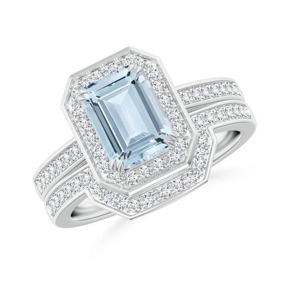 ANGARA Natural Emerald Cut 1.35 ct Aquamarine with Diamond Ring in 14K White Gold for Women (Size-8x6mm) | March Birthstone, Anniversary, Jewelry Gift for Women | Natural Aquamarine Ring