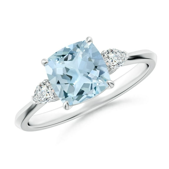 ANGARA Natural Cushion 1.4 ct Aquamarine & Diamond Three Stone Engagement Ring in 14K White Gold for Women (Size-7mm) | March Birthstone, Anniversary, Jewelry Gift for Women | Natural Aquamarine Ring