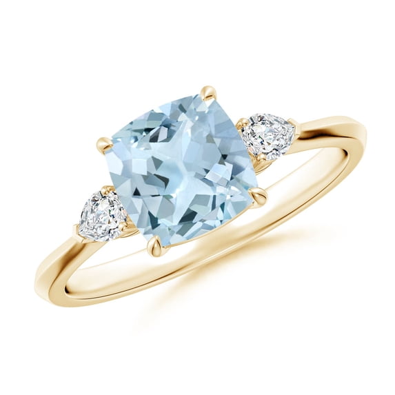 ANGARA Natural Cushion 1.4 ct Aquamarine & Diamond 3 Stone Engagement Ring in 14K Yellow Gold for Women (Size-7mm) | March Birthstone, Anniversary, Jewelry Gift for Women | Natural Aquamarine Ring