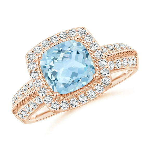ANGARA Natural Twisted Rope Cushion 1.4 ct Aquamarine Halo Ring in 14K Rose Gold for Women (Size-7mm) | March Birthstone, Birthday, Anniversary, Jewelry Gift for Women | Natural Aquamarine Ring