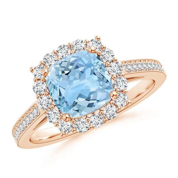 ANGARA Natural Cushion 1.4 ct Aquamarine Engagement Ring with Diamond Halo in 14K Rose Gold for Women (Size-7mm) | March Birthstone, Anniversary, Jewelry Gift for Women | Natural Aquamarine Ring