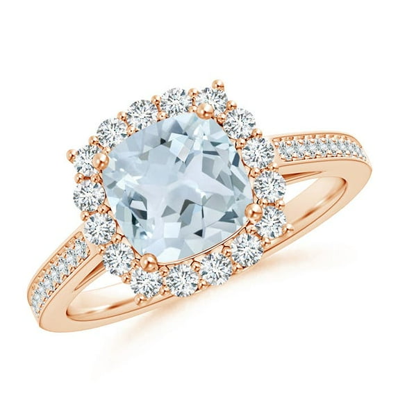 Angara Natural 1.4 Ct. Aquamarine with Diamond Halo Ring in 14K Rose Gold for Women (Ring Size: 3.5)