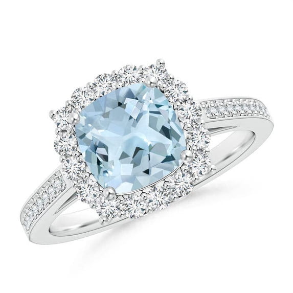 ANGARA Natural Cushion 1.4 ct Aquamarine Engagement Ring with Diamond Halo in 14K White Gold for Women (Size-7mm) | March Birthstone, Anniversary, Jewelry Gift for Women | Natural Aquamarine Ring