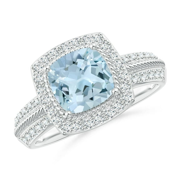 ANGARA Natural Twisted Rope Cushion 1.4 ct Aquamarine Halo Ring in 14K White Gold for Women (Size-7mm) | March Birthstone, Birthday, Anniversary, Jewelry Gift for Women | Natural Aquamarine Ring