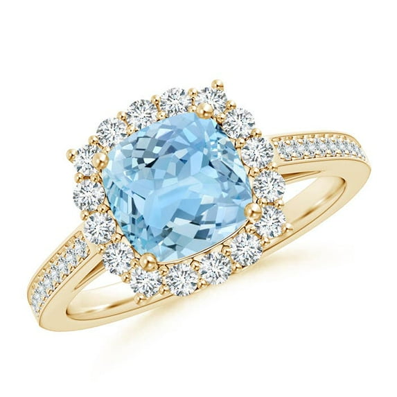 ANGARA Natural Cushion 1.4 ct Aquamarine Engagement Ring with Diamond Halo in 14K Yellow Gold for Women (Size-7mm) | March Birthstone, Anniversary, Jewelry Gift for Women | Natural Aquamarine Ring