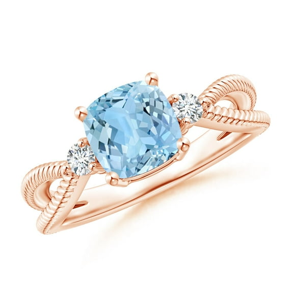 ANGARA Natural Cushion 1.4 ct Aquamarine Split Shank Ring with Rope Detailing in 14K Rose Gold for Women (Size-7mm) | March Birthstone, Anniversary, Jewelry Gift for Women | Natural Aquamarine Ring