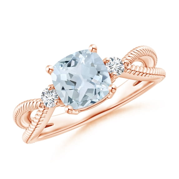 ANGARA Natural Cushion 1.4 ct Aquamarine Split Shank Ring with Rope Detailing in 14K Rose Gold for Women (Size-7mm) | March Birthstone, Anniversary, Jewelry Gift for Women | Natural Aquamarine Ring